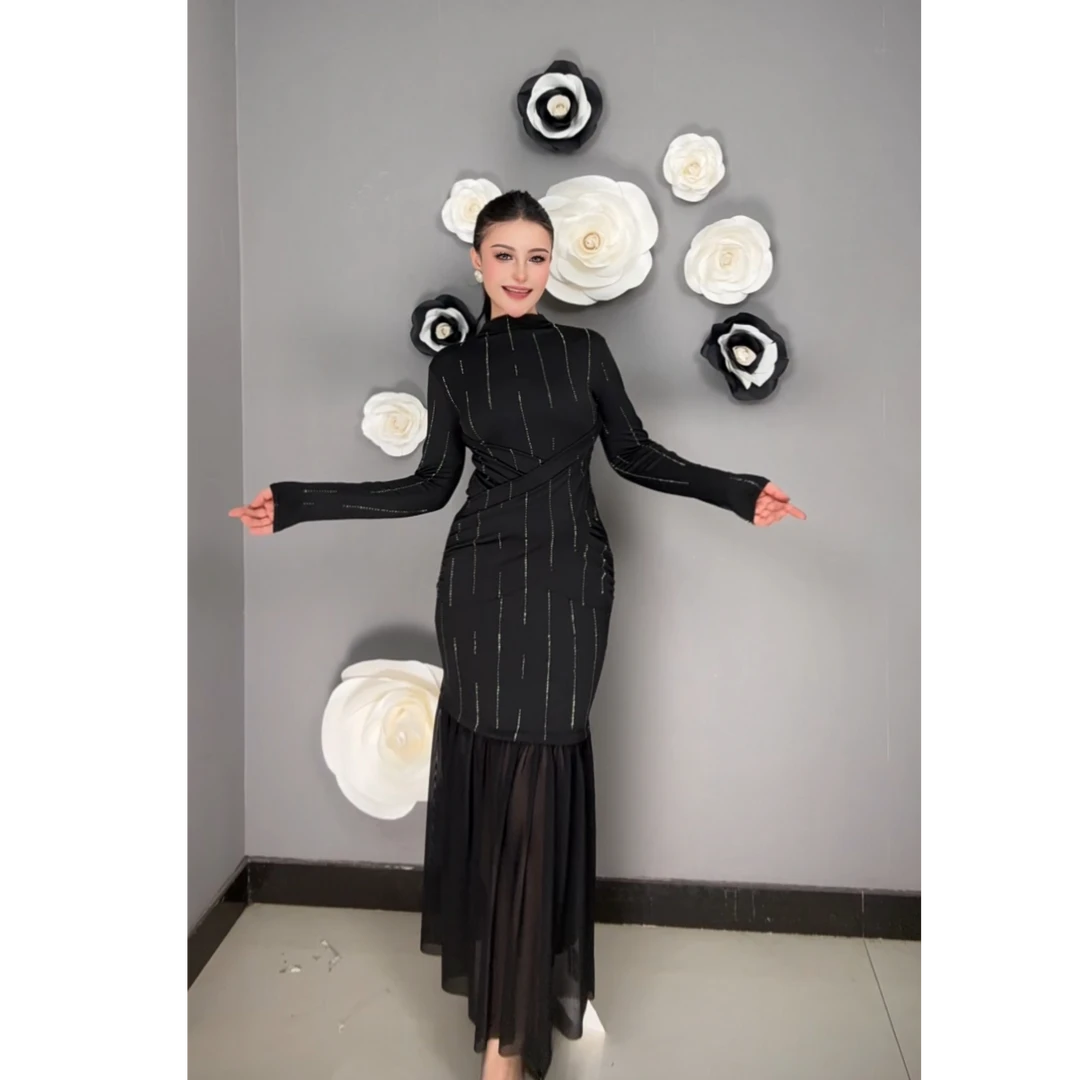 9881【包邮】新款拼接时尚气质高级烫钻时尚女装连衣裙