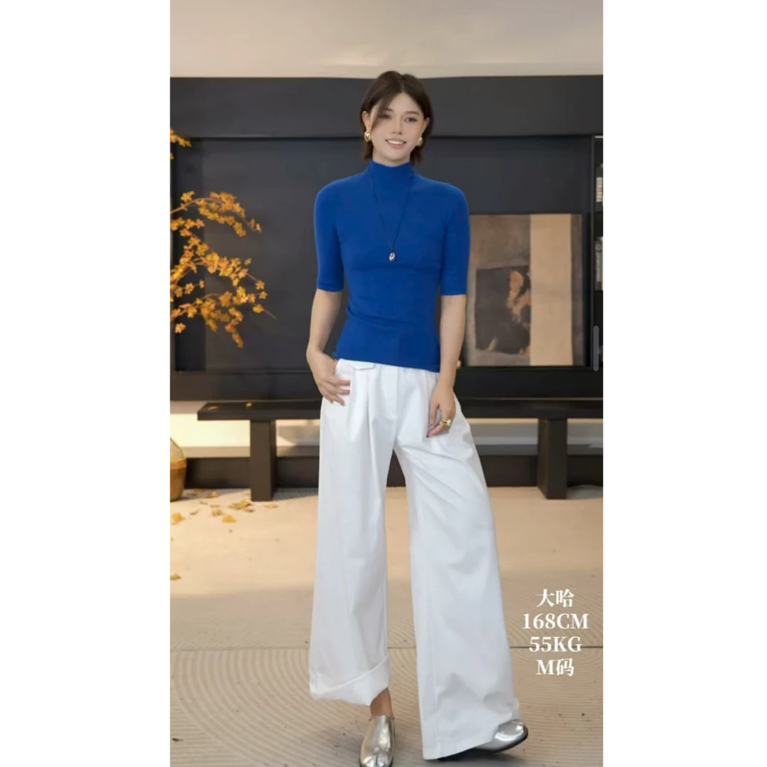 DENGDAHA「高知打底」极简风 半高领七分袖打底针织衫HBZX641513