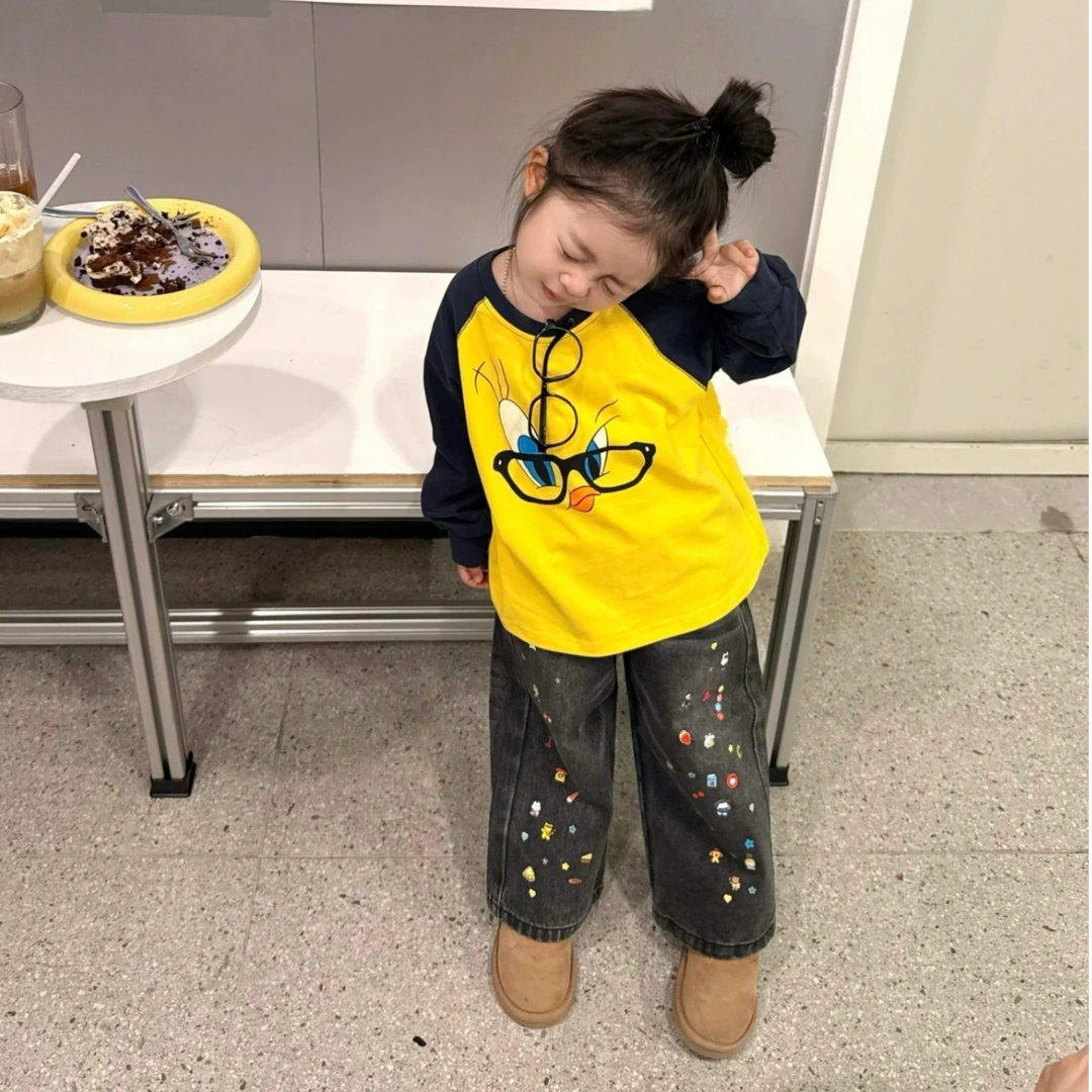 壹妈童装女童时尚套装秋季新款洋气儿童拼色长袖上衣百搭直筒长裤