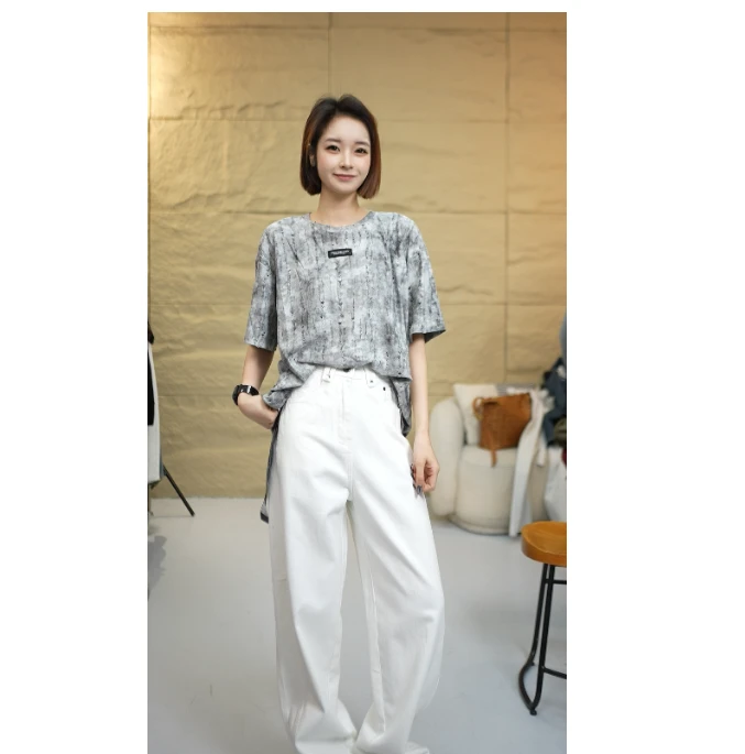 TO【90809】春季短袖黑白渐变条纹渲染T恤宽松圆领上衣