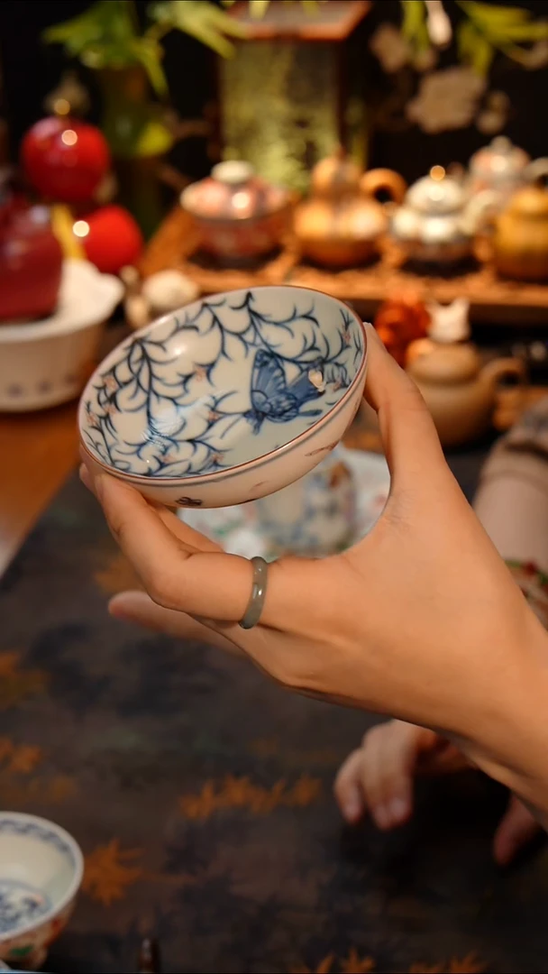 墨冉青花斗彩普洱杯斗彩普洱杯