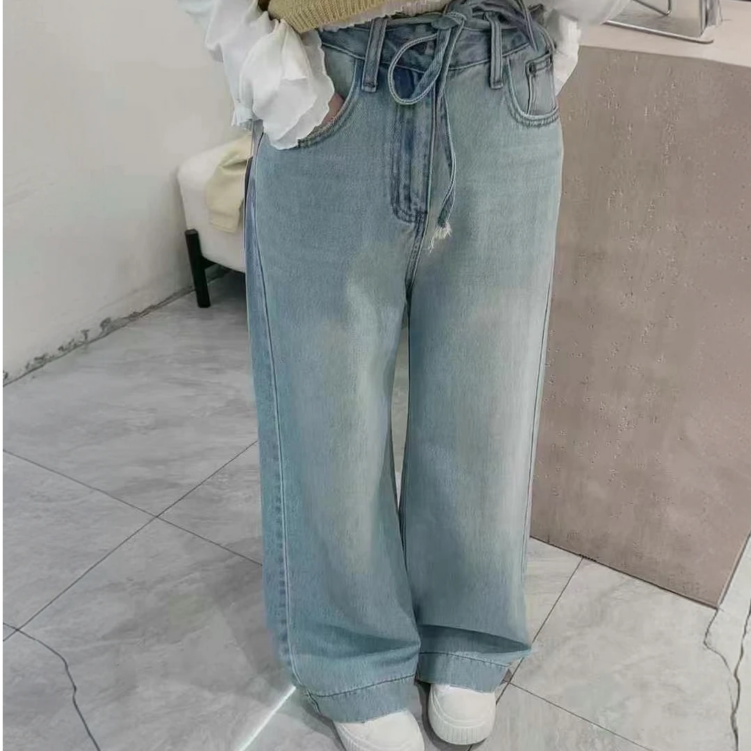 ouran 春季新款G1305系带设计感牛仔拖地裤