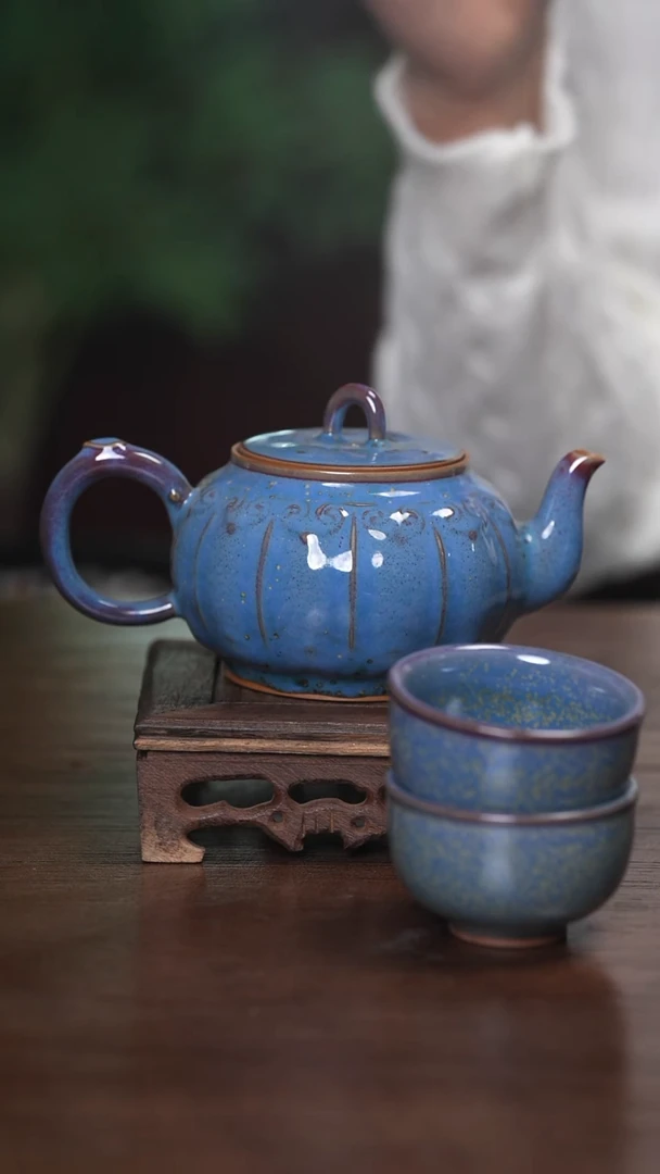【闪购商品】清凉寺原产地仿古釉手工钧瓷如意壶+两杯