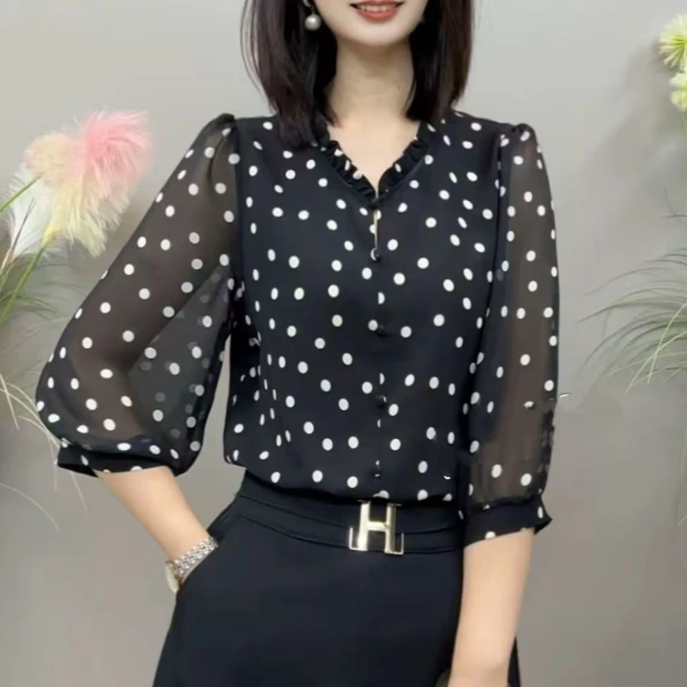 YLY8928夏季新款经典波点七分拼接袖款气质百搭衬衫