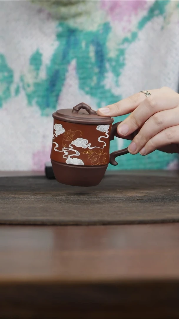 【闪购商品】紫砂茶叶罐竹节钮朱泥泥绘祥云盖杯
