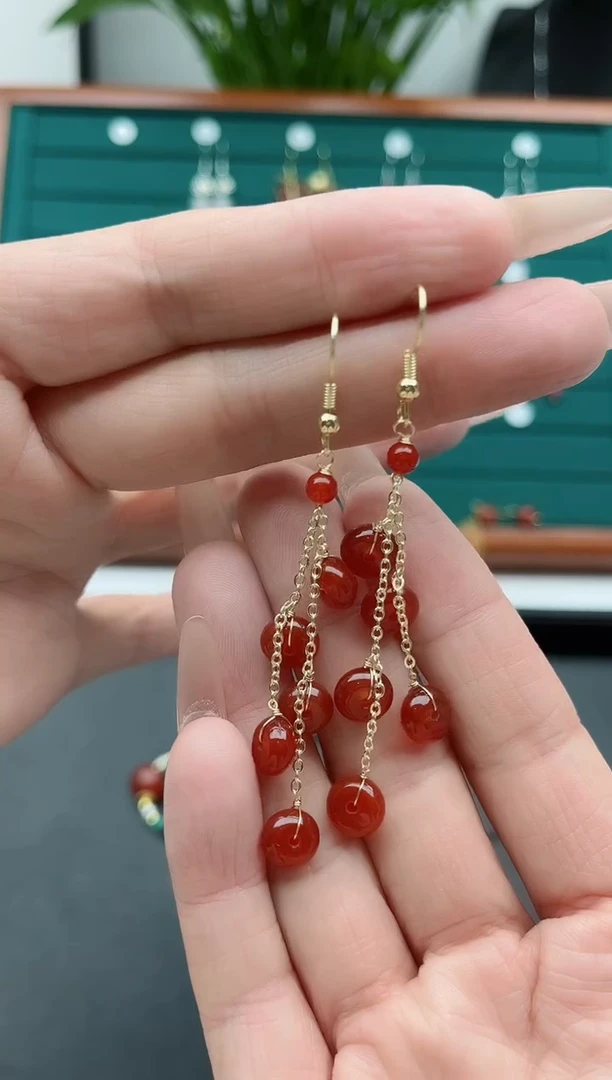 【闪购商品】南红玛瑙耳饰银S925镀金镶嵌1算盘珠红