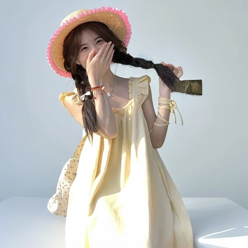 2025温柔风气质百搭方领宽肩带抽绳纯色无袖背心连衣裙ins女批发