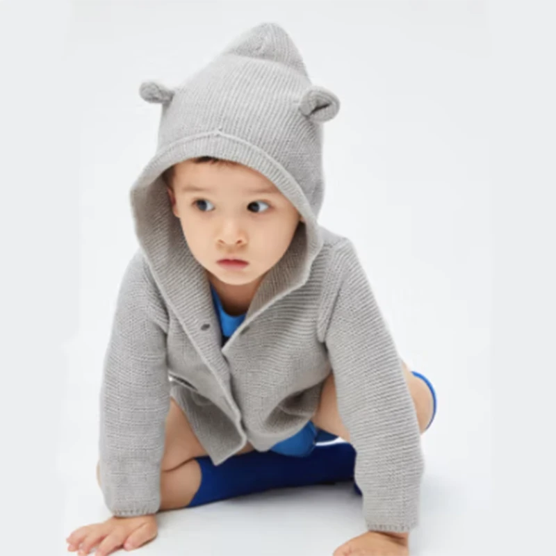 G家儿童可爱小熊图案长袖连帽针织衫