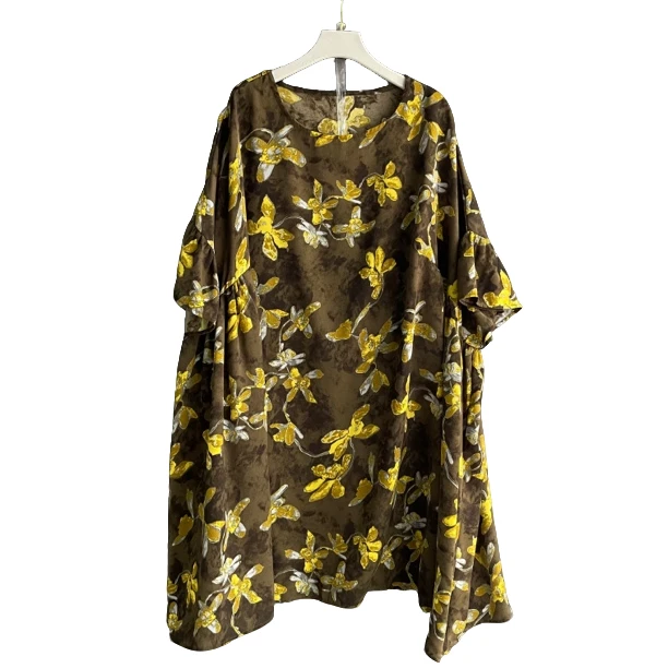 圆领中长款厚款创意气质短袖上衣黄色花色女装夏季长袖女士宽松