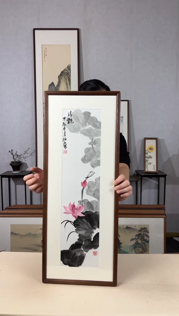 国画手绘*荷花*28*72cm实木框