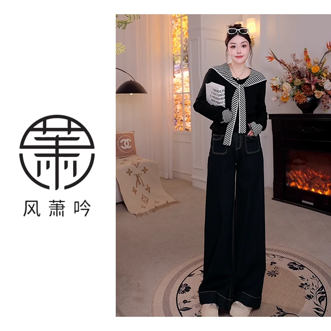 【风萧吟】大码女装韩系学院风显瘦洋气条纹披肩长袖针织衫女FXY394