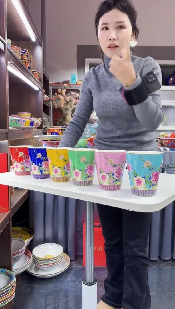 珐琅 牡丹花卉水杯6只装景德镇