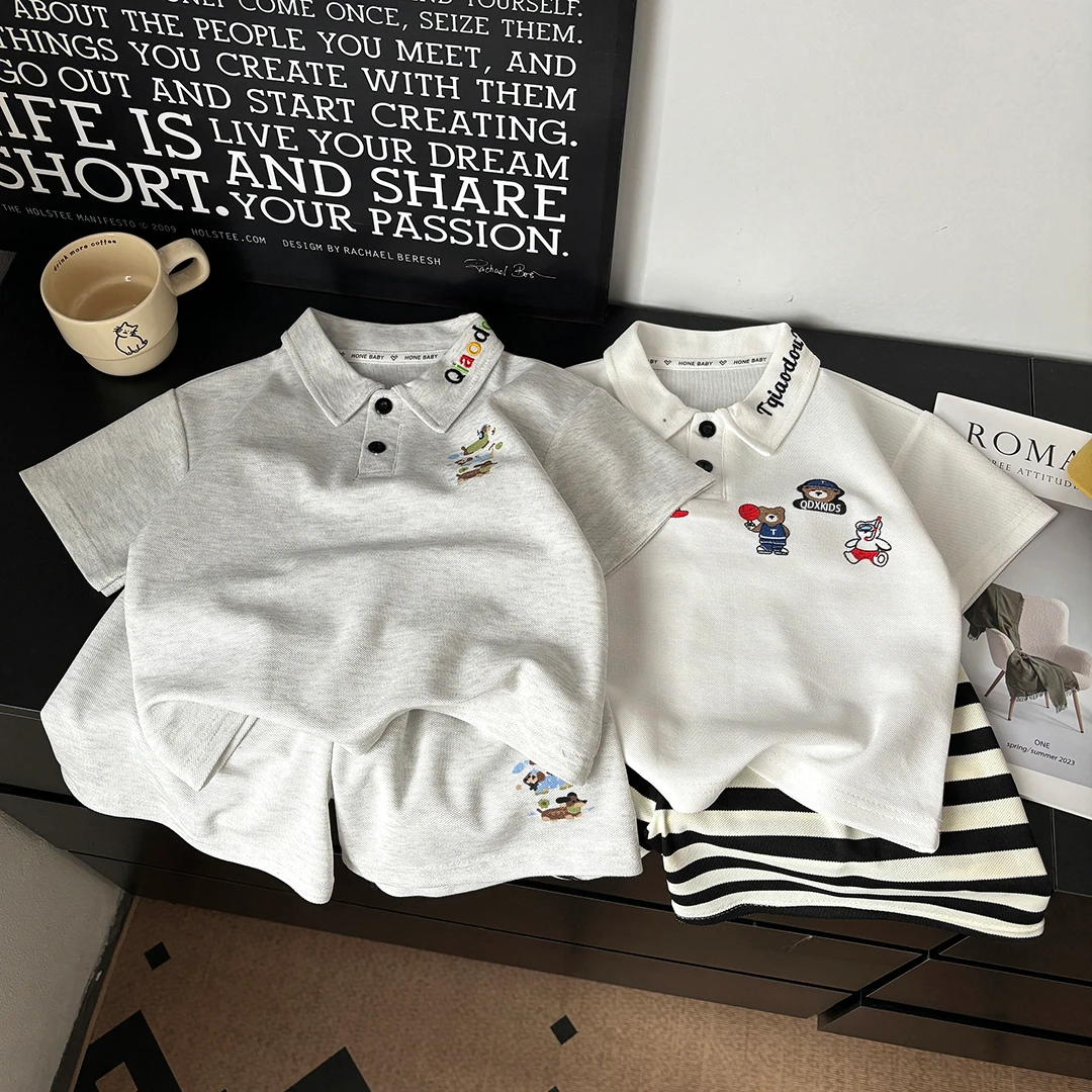 【热销爆款】儿童polo领短袖短裤套装男女宝潮流刺绣两件套时尚