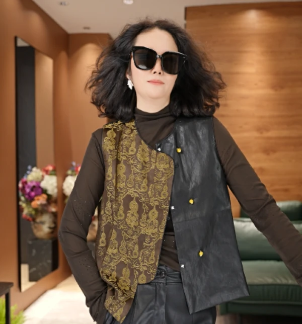 JIUER国风双拼皮无袖背心马甲 百搭宽松提花薄款3157