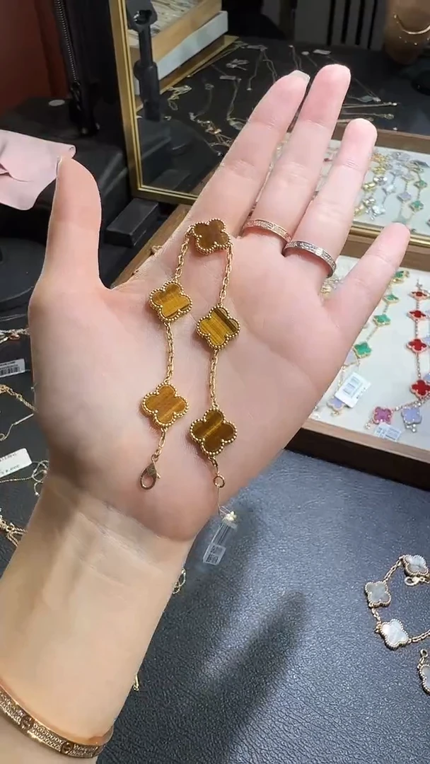 18K金镶嵌手链木变石（虎睛石）金色k黄五花手链GHJ