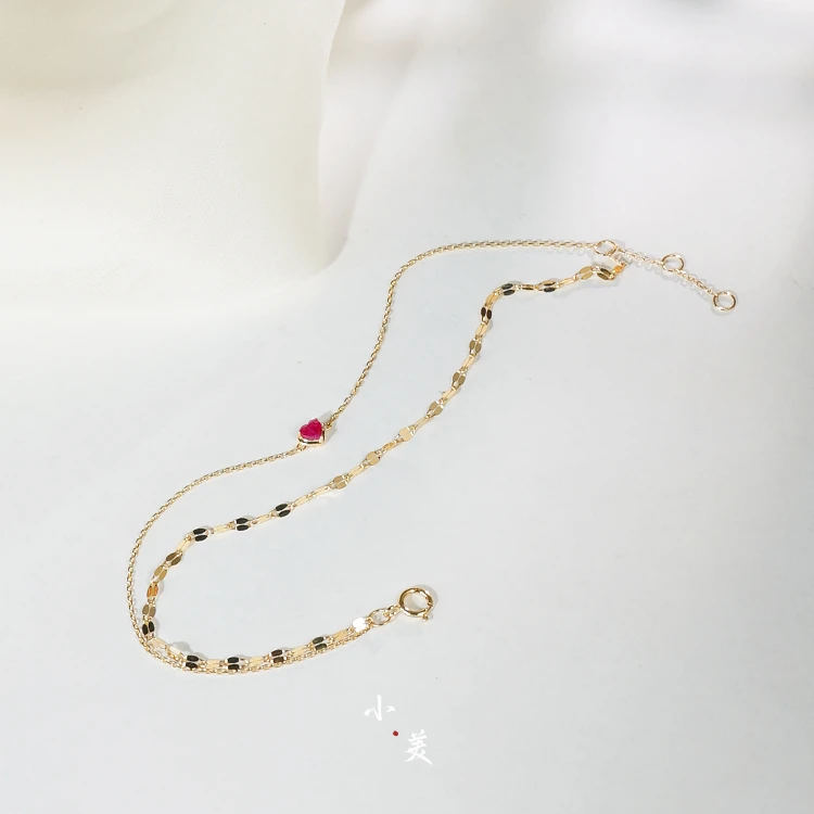 18K金*爱心红宝石嘴唇链双层手链 G9825