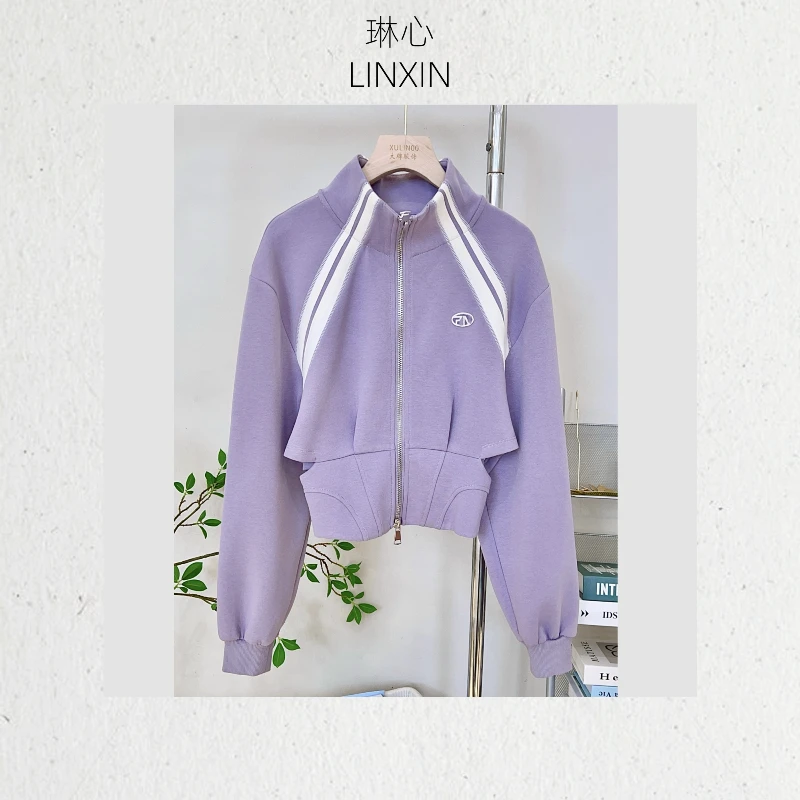 丨秋季紫色长袖运动卫衣外套腰部镂空设计 7696