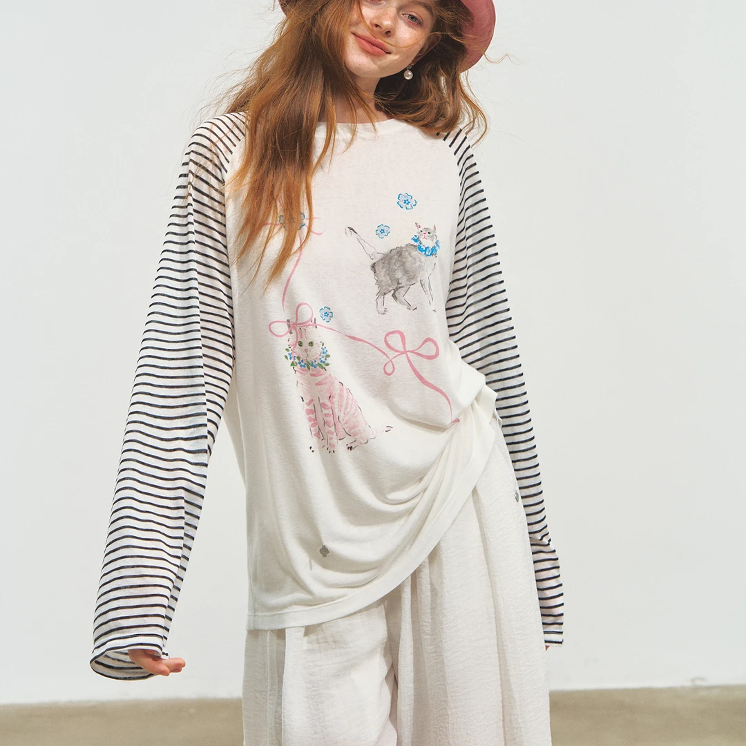SOMESOWE手绘猫咪条纹拼接罩衫