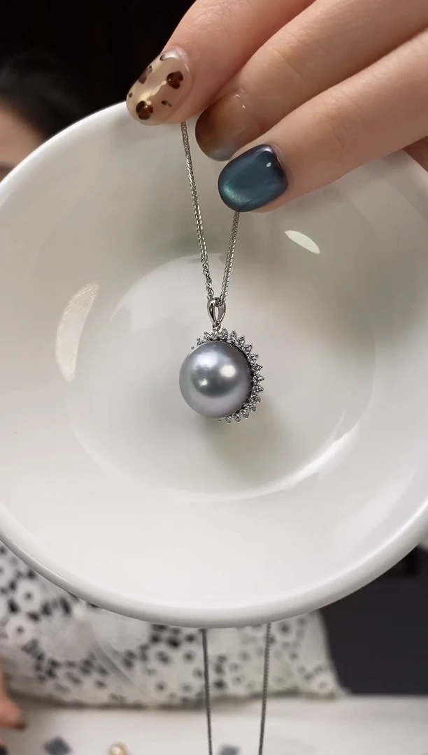 项链银S925镶嵌海水珍珠14-15大溪地黑珍珠项链