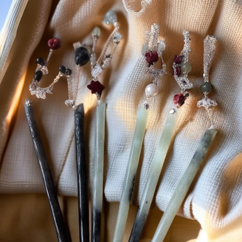 纯天然岫玉发簪手工制作流苏