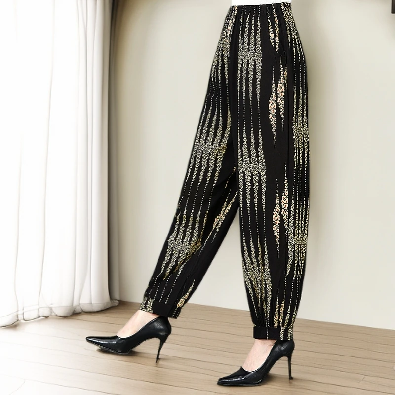 中老年灯笼裤女夏季薄款宽松大码高腰阔腿棉绸裤子防蚊网红纯色裤