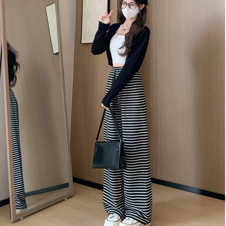 慵懒撞色条纹阔腿裤女夏薄款宽松时尚外穿直筒拖地裤休闲遛弯裤