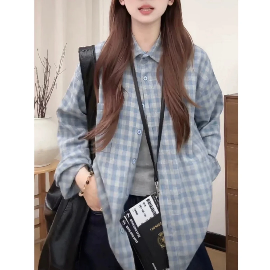复古蓝色格子磨毛衬衫女春季新款宽松慵懒长袖设计感外套上衣