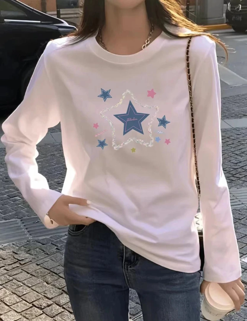 春秋长袖秋衣休闲透气上衣男女同款圆领印花T恤 蓝星