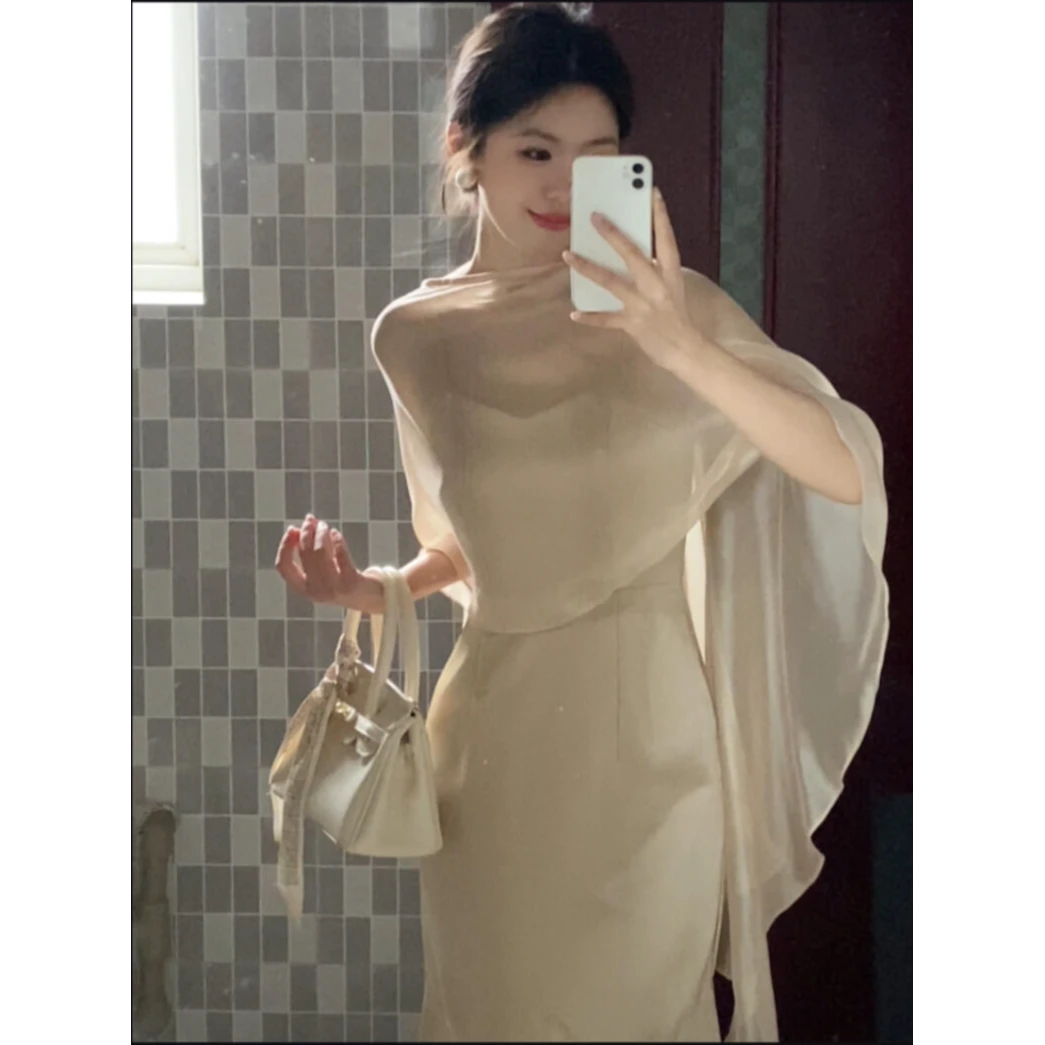 法式气质名媛女神范高端精致御姐风杏色吊带连衣裙外搭披肩套装