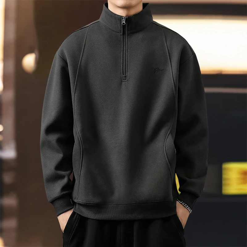 MR.MUDI/穆迪先生半拉链立领刺绣卫衣男秋冬加绒宽松休闲Polo衫男