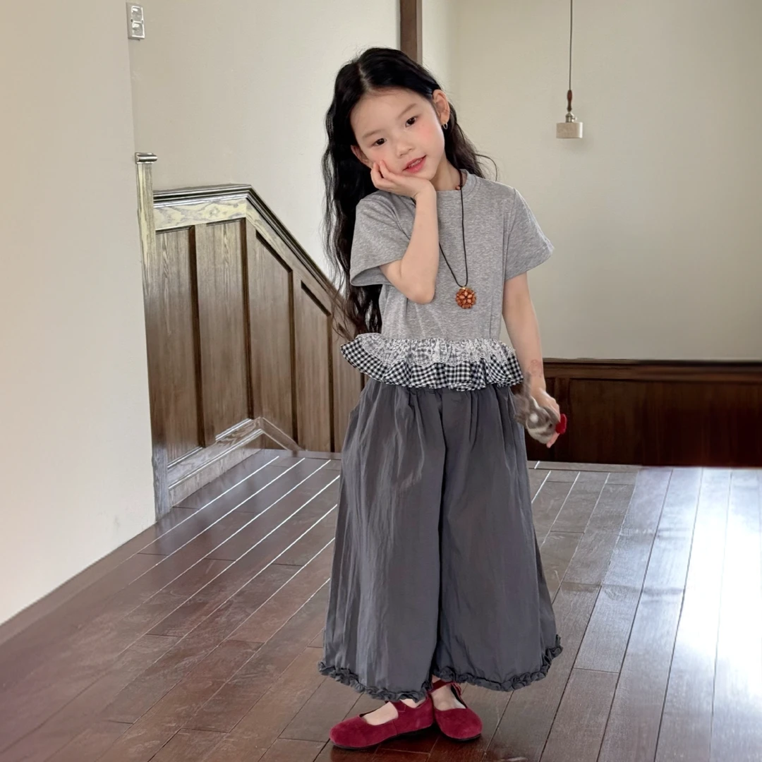 2025夏季款女童韩系洋气格子拼接花边灰色T恤女宝百搭纯色阔腿裤