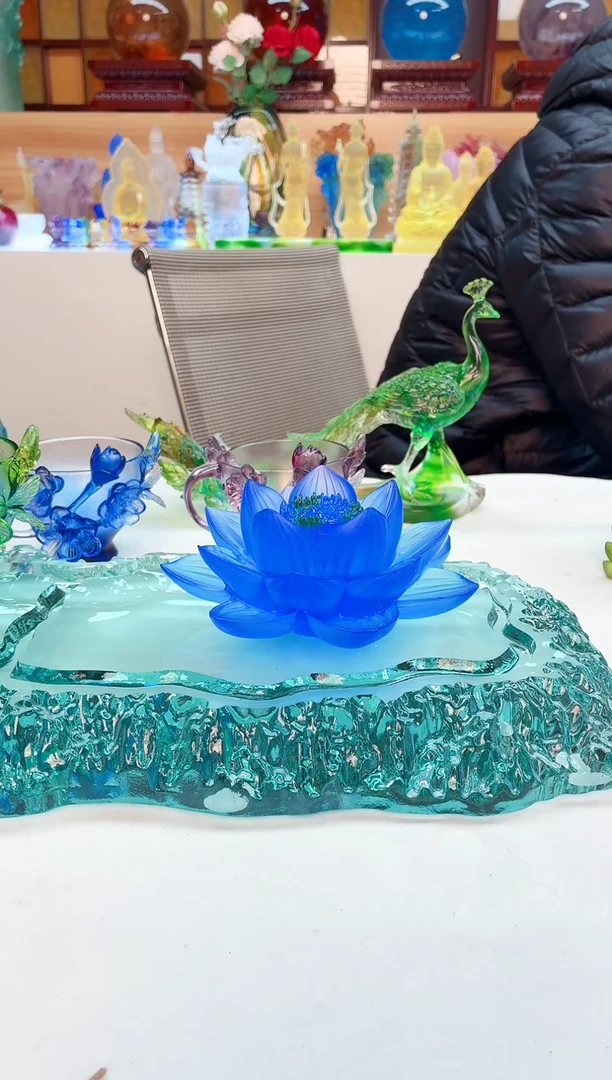 手工艺品琉璃十二公分佛前莲花宝蓝色