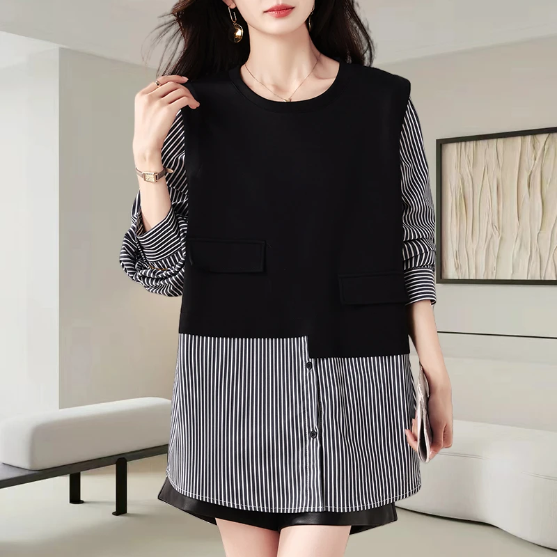 假两件条纹拼接长袖卫衣女2025秋季新款时尚宽松显瘦休闲百搭上衣