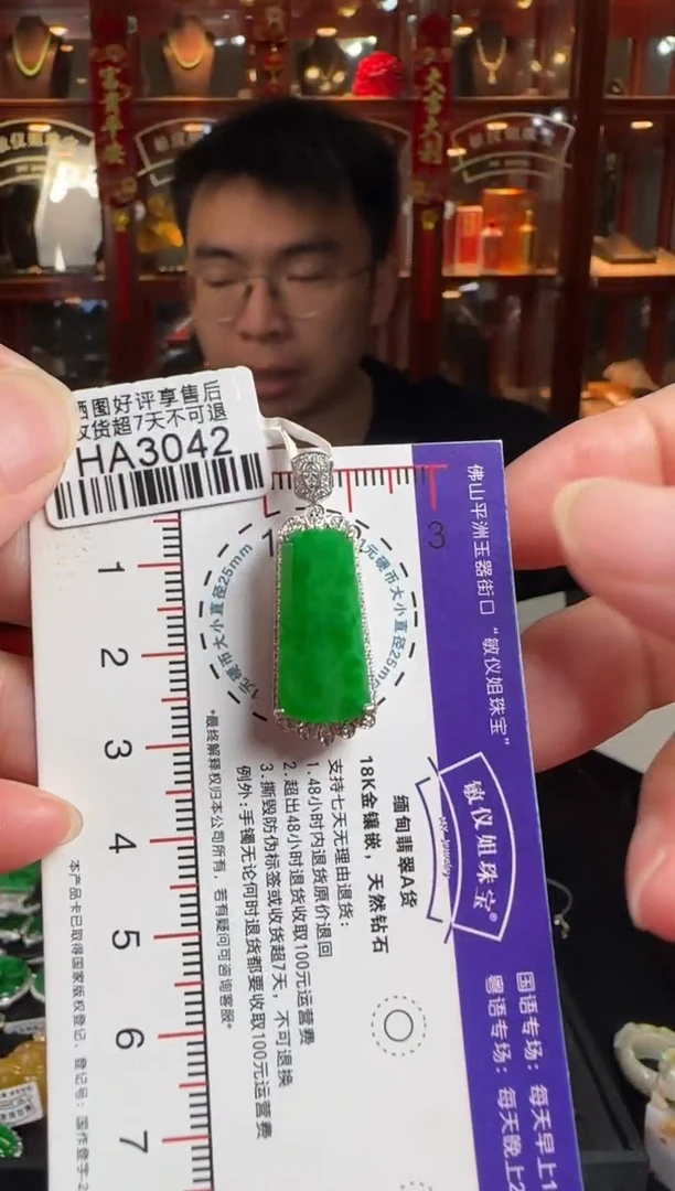 颈饰18K金镶嵌翡翠HA3042冰辣绿无事牌