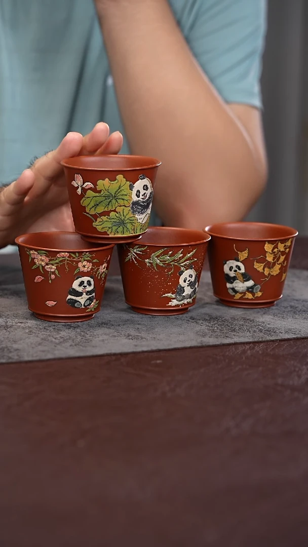 茶杯紫砂四季熊猫 套组