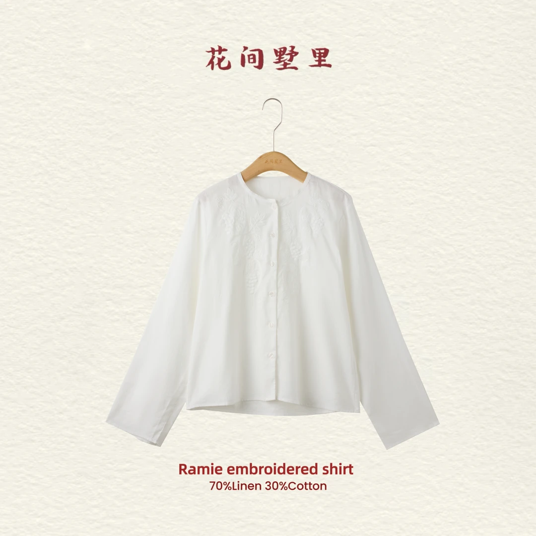 花间墅里丨圆领刺绣亚麻衬衫