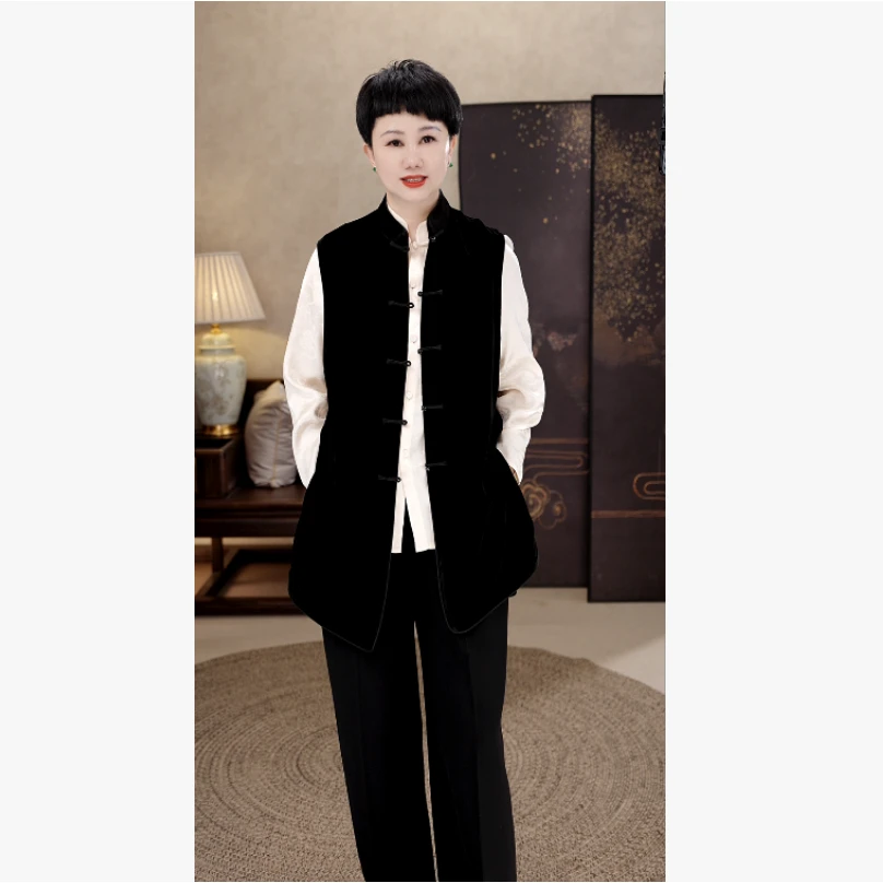 25年春秋百分百桑蚕丝真丝丝绒新中式国风盘扣中长款马甲K125-1