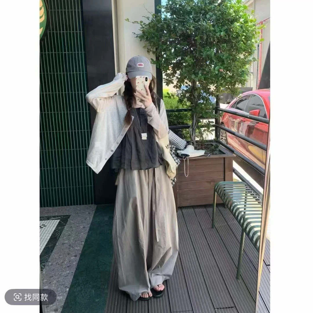 极简风时尚套装韩系穿搭一整套开衫+减龄背心吊带+高腰阔腿休闲裤