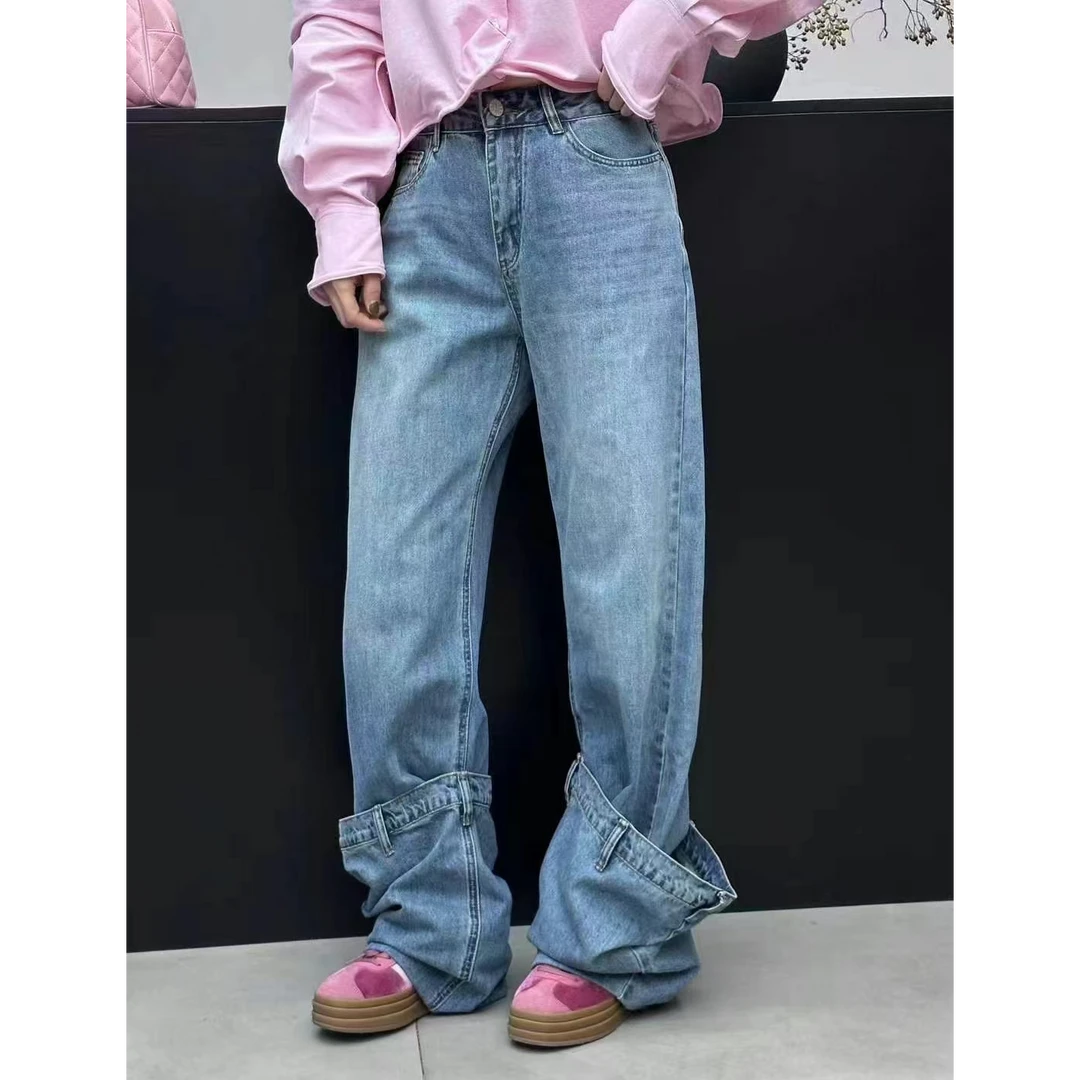 66527解构风拼接叠层阔腿裤深圳牛仔裤女春新款双裤脚街头风拖地