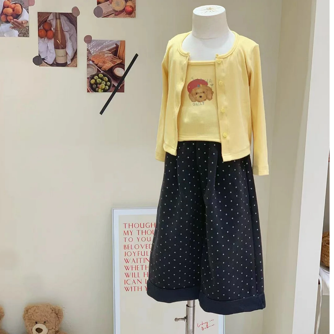 韩版女宝套装2025新款秋季女童童装休闲卡通上衣两件套波点裤套装