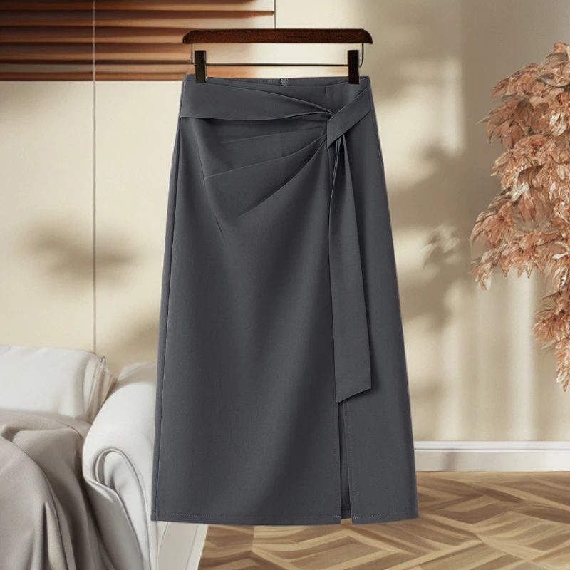 灰色半身裙女2025早秋新款高级感不规则秋季西装中长裙开叉包臀裙