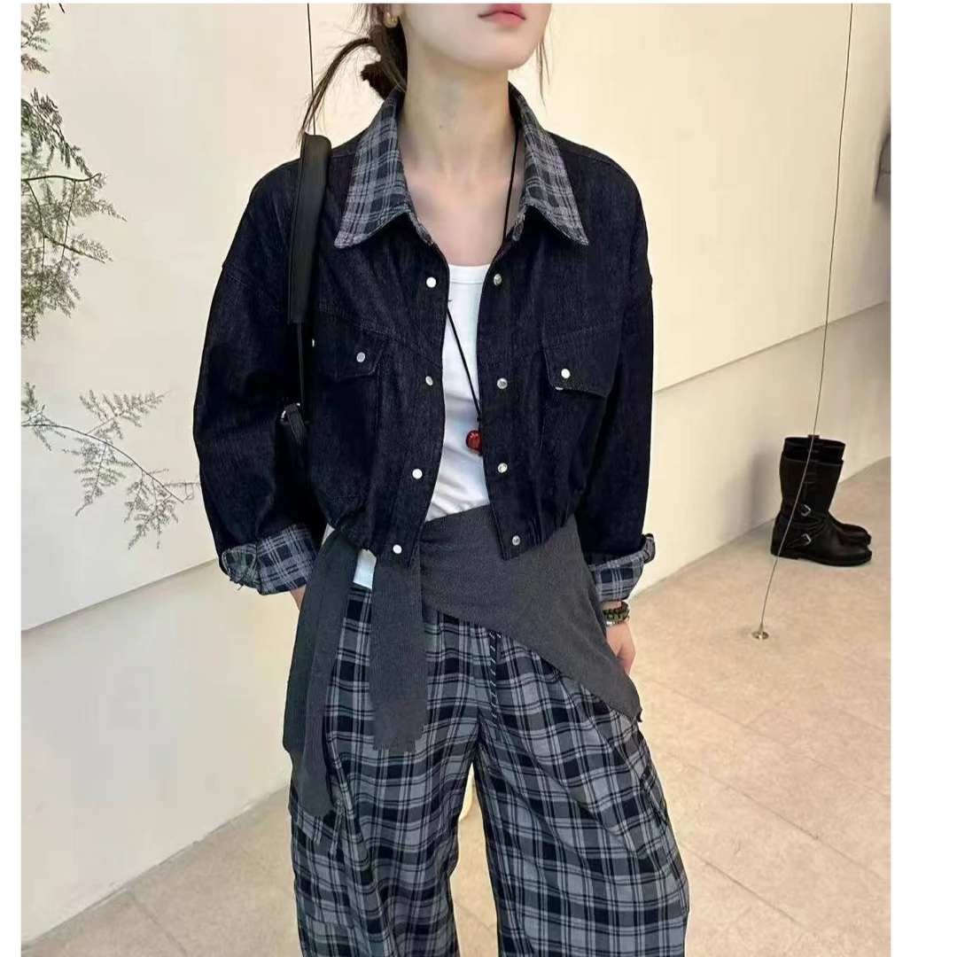 拉夏贝尔2025新款秋韩系深蓝色牛仔外套设计感印花翻领长袖上衣女