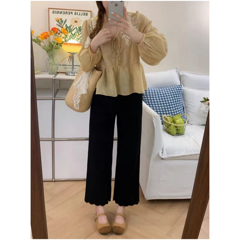 黑色花边休闲裤女秋季新款大码梨型身材高腰显瘦弹力直筒九分裤子