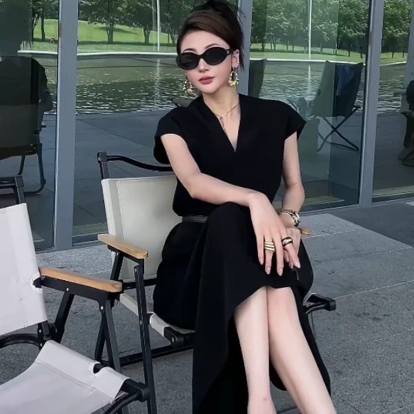 纯色拼接高腰气质V领法式连衣裙职业轻熟宽松设计感韩版连衣裙