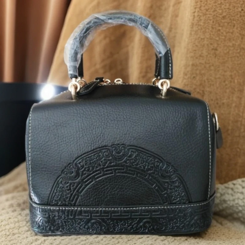 压花手拎包文艺国风复古女士春季民族风肩包四季通用手提包黑色