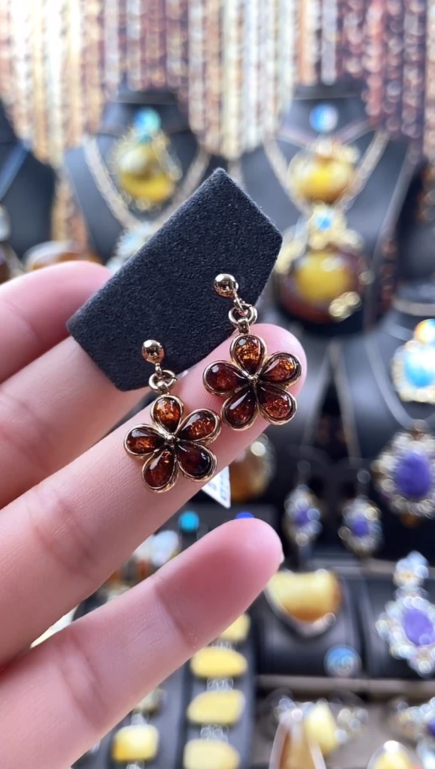 琥珀银S925镶嵌耳饰耳环