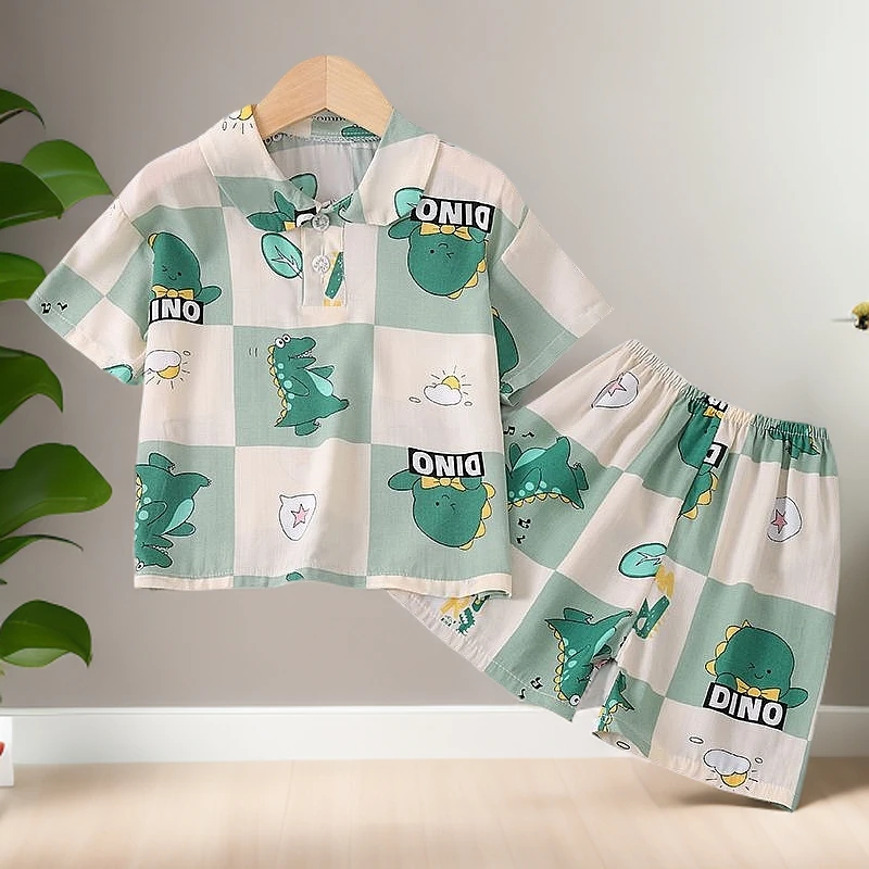 儿童夏季薄款绵绸家居服套装男孩女童夏款短袖短裤休闲棉绸空调服