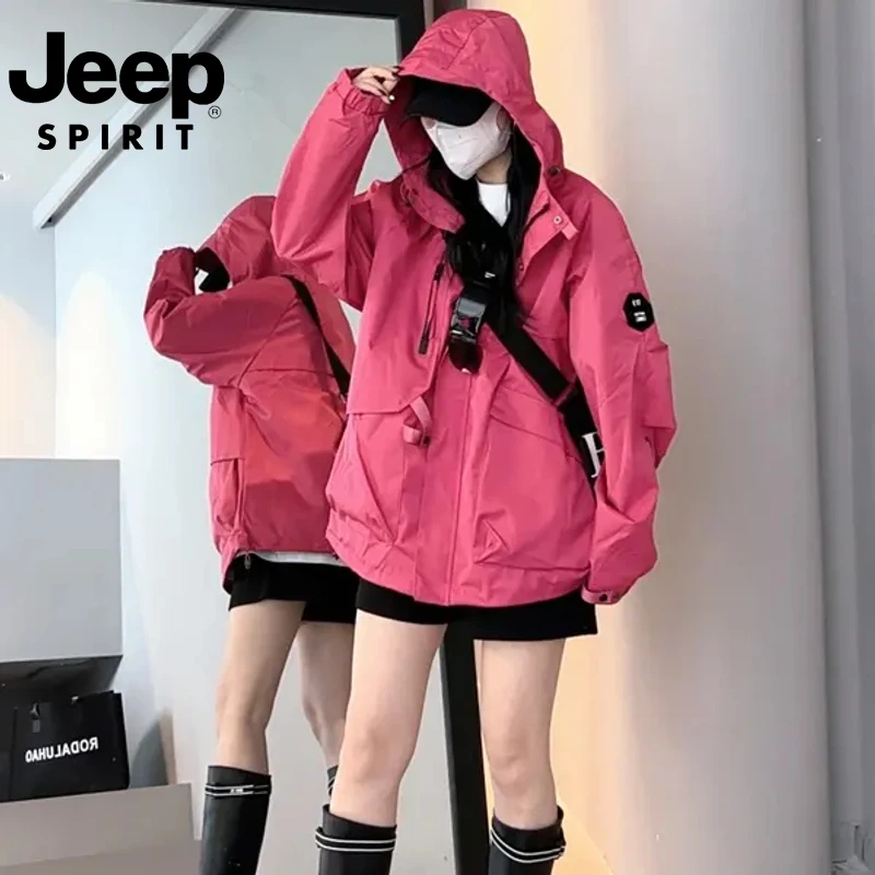 JEEP春季休闲户外旅行防风连帽开衫外套冲锋夹克女情侣款上衣外套