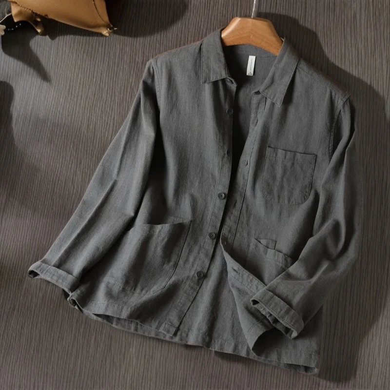 男士苎麻长袖衬衫高级感春秋季翻领新款宽松休闲夹克开衫薄外套男