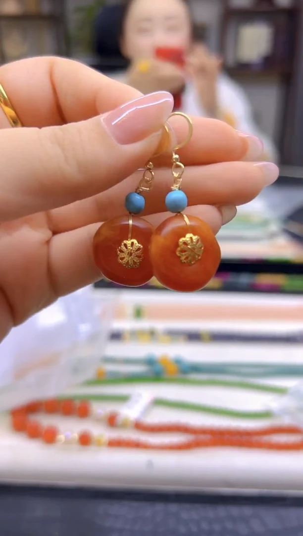 蜜蜡14K金镶嵌耳饰DIY款E65